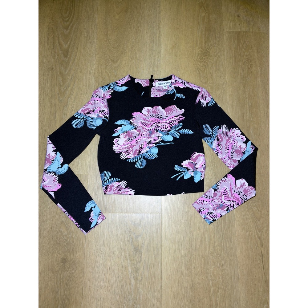 Elizabeth and James Black Floral Long Sleeve Crop Top Exposed Zipper XS